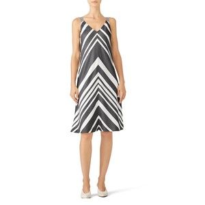 Trina Turk Striped Cayson Dress L Black and White Sleeveless Wide Strap V-Neck